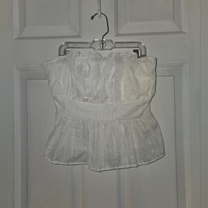 Thirty Thirty White Eyelet Ruffle Pleated Strapless Cropped Tube Top Medium
